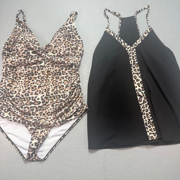 XXL Leopard Print One Piece Swimsuit with Black Cover Up Plus Size - Picture 1 of 16